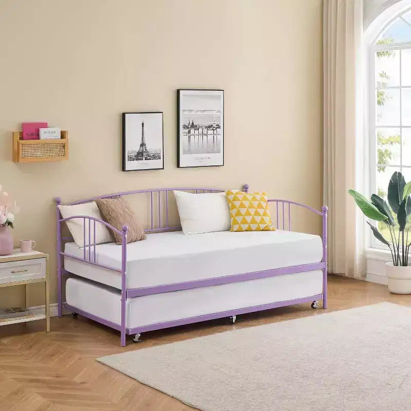 Lit de repos en métal avec lit gigogne, tête de lit arquée, cadre de canapé-lit pour salon et chambre d'amis, taille double