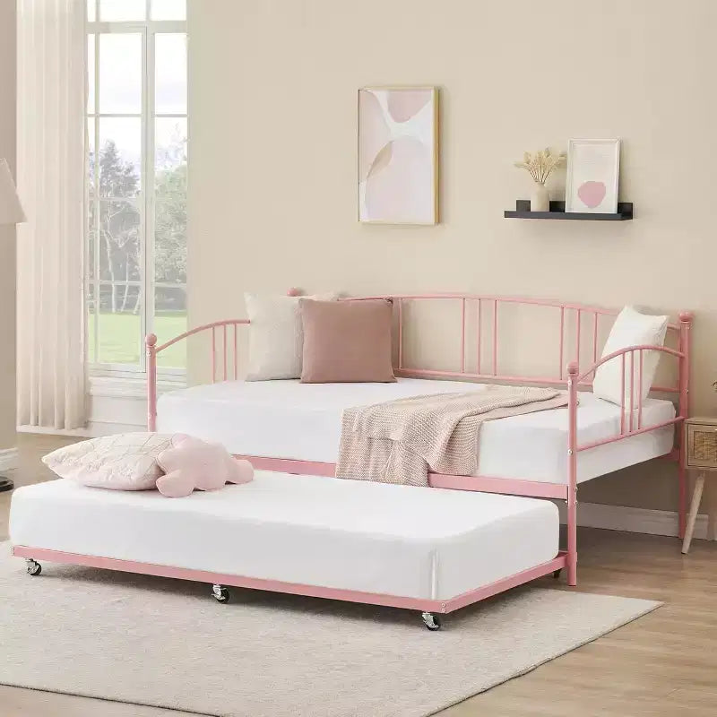 Lit de repos en métal avec lit gigogne, tête de lit arquée, cadre de canapé-lit pour salon et chambre d'amis, taille double