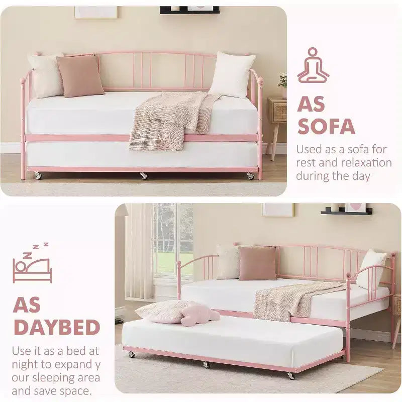 Lit de repos en métal avec lit gigogne, tête de lit arquée, cadre de canapé-lit pour salon et chambre d'amis, taille double