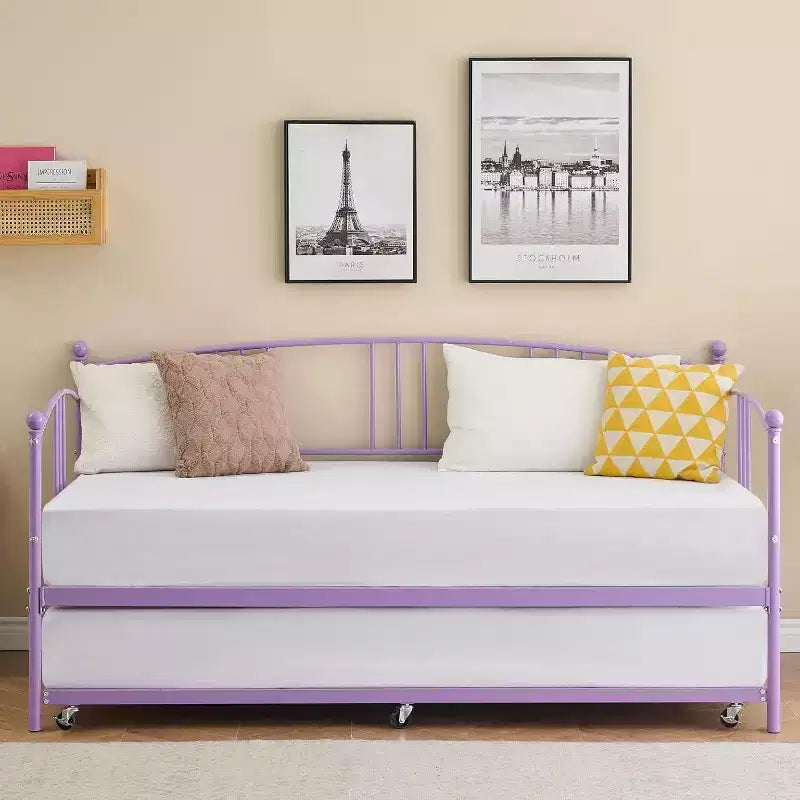 Lit de repos en métal avec lit gigogne, tête de lit arquée, cadre de canapé-lit pour salon et chambre d'amis, taille double