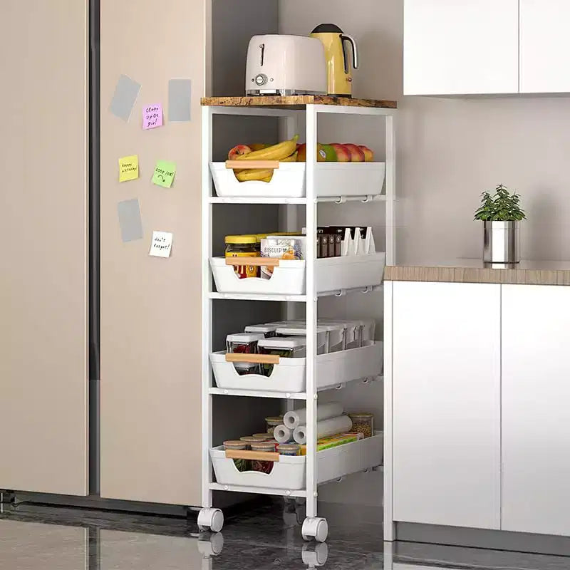 Chariot de rangement à roulettes slim 5 niveaux avec plateau en bois pour cuisine/salle de bain