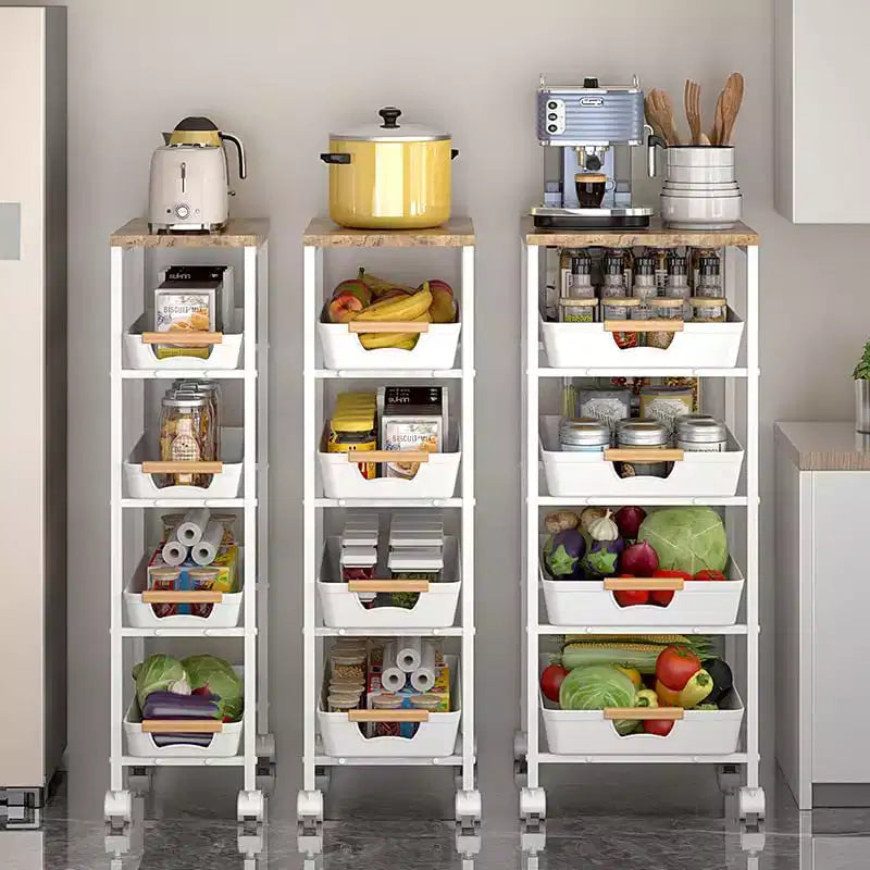Chariot de rangement à roulettes slim 5 niveaux avec plateau en bois pour cuisine/salle de bain