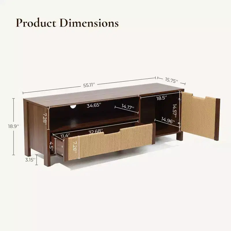 Meuble TV 55 po Noyer pour téléviseurs jusqu'à 60 po, Panneau de porte en corde tressée, Petit meuble console multimédia avec tiroir, Marron