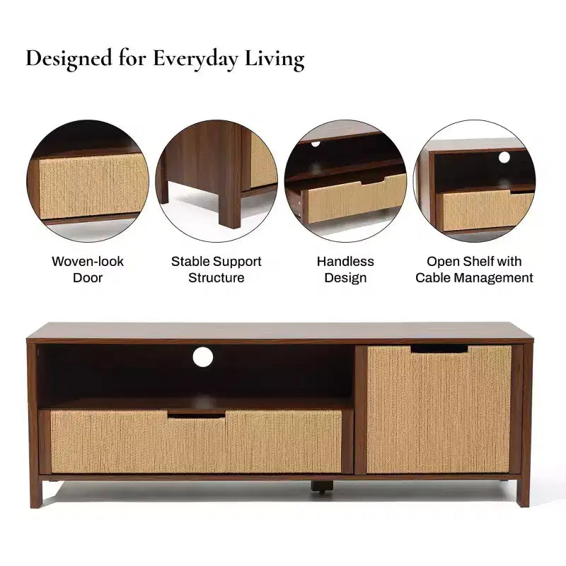 Meuble TV 55 po Noyer pour téléviseurs jusqu'à 60 po, Panneau de porte en corde tressée, Petit meuble console multimédia avec tiroir, Marron
