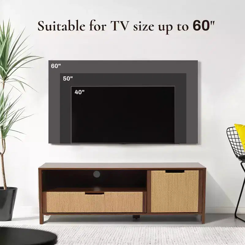 Meuble TV 55 po Noyer pour téléviseurs jusqu'à 60 po, Panneau de porte en corde tressée, Petit meuble console multimédia avec tiroir, Marron