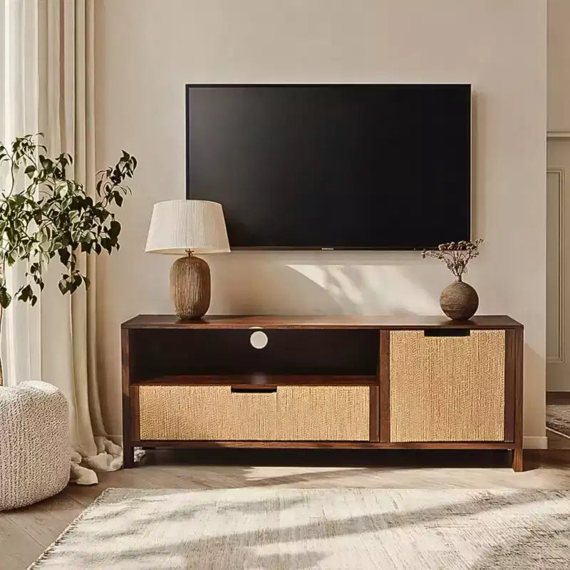Meuble TV 55 po Noyer pour téléviseurs jusqu'à 60 po, Panneau de porte en corde tressée, Petit meuble console multimédia avec tiroir, Marron