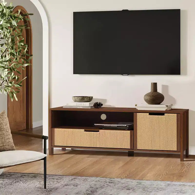 Meuble TV 55 po Noyer pour téléviseurs jusqu'à 60 po, Panneau de porte en corde tressée, Petit meuble console multimédia avec tiroir, Marron