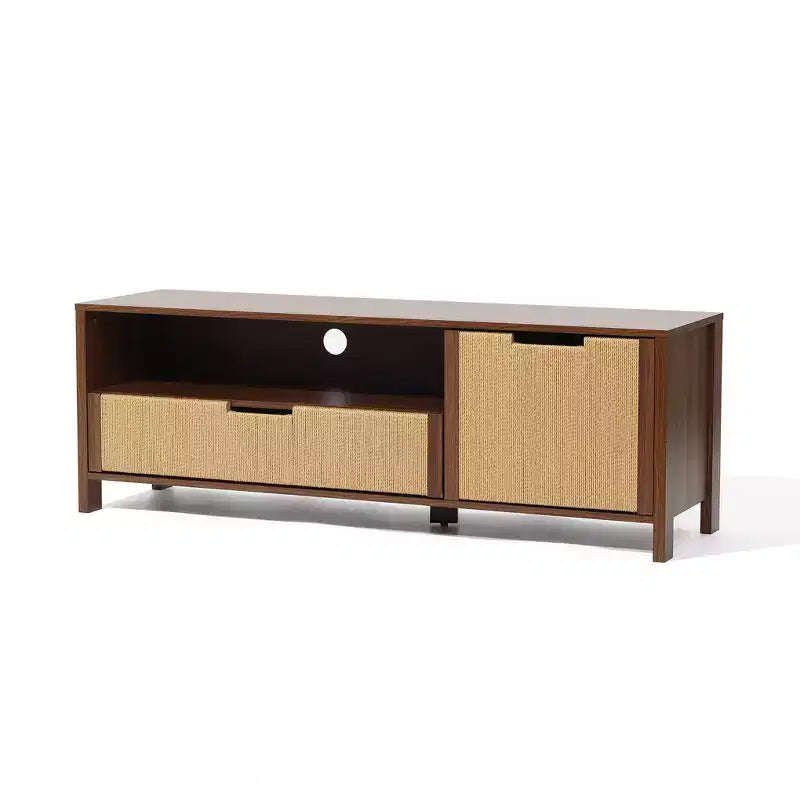Meuble TV 55 po Noyer pour téléviseurs jusqu'à 60 po, Panneau de porte en corde tressée, Petit meuble console multimédia avec tiroir, Marron