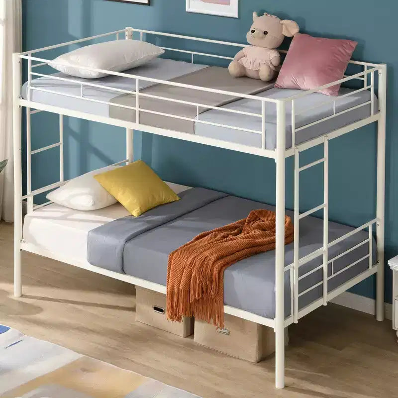 Lit superposé en métal avec barrière de sécurité et échelle, Lit robuste convertible pour enfants, adolescents et adultes, Blanc
