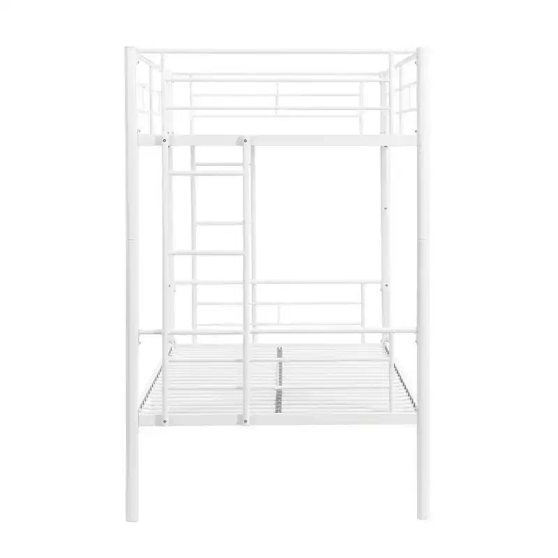 Lit superposé en métal avec barrière de sécurité et échelle, Lit robuste convertible pour enfants, adolescents et adultes, Blanc