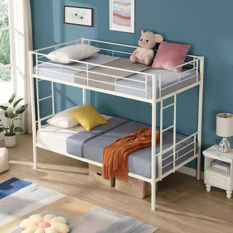 Lit superposé en métal avec barrière de sécurité et échelle, Lit robuste convertible pour enfants, adolescents et adultes, Blanc