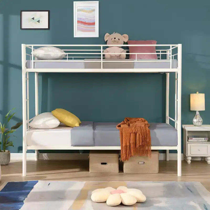 Lit superposé en métal avec barrière de sécurité et échelle, Lit robuste convertible pour enfants, adolescents et adultes, Blanc