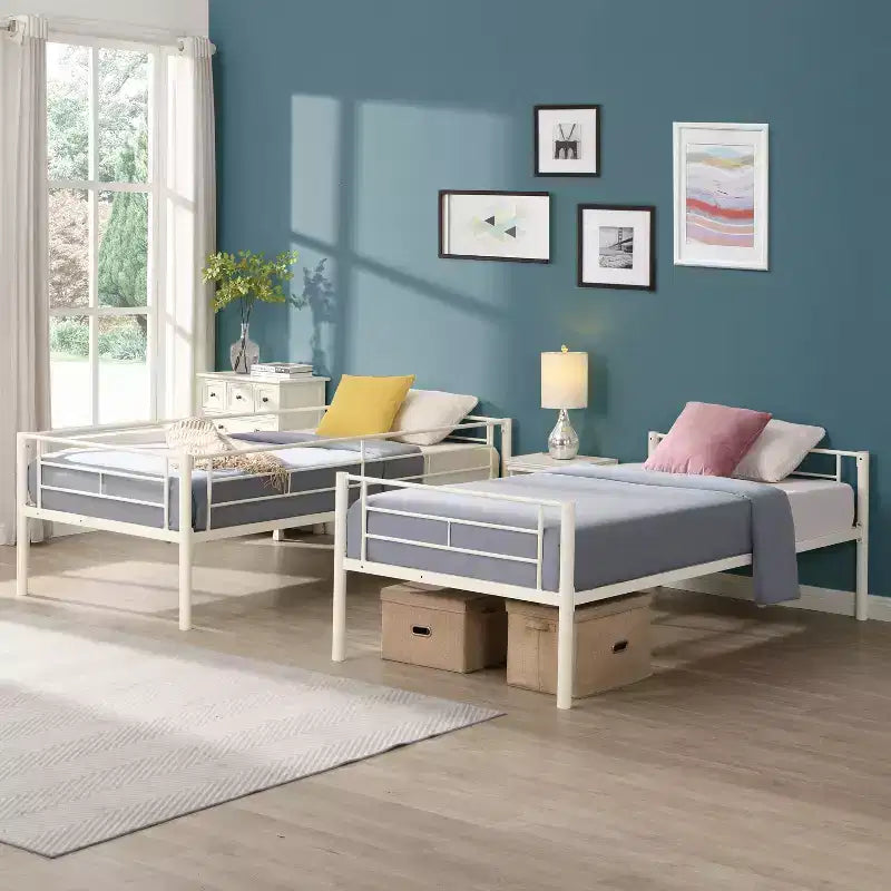 Lit superposé en métal avec barrière de sécurité et échelle, Lit robuste convertible pour enfants, adolescents et adultes, Blanc