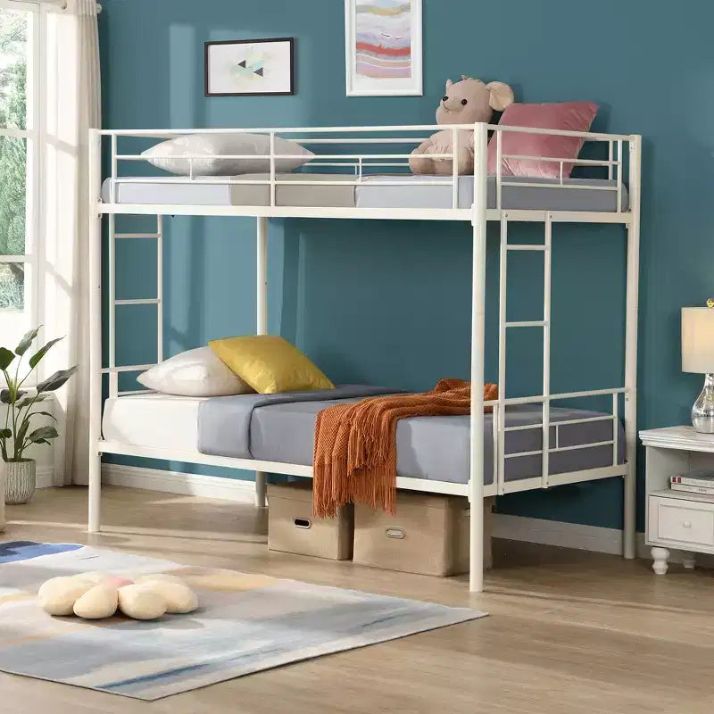 Lit superposé en métal avec barrière de sécurité et échelle, Lit robuste convertible pour enfants, adolescents et adultes, Blanc