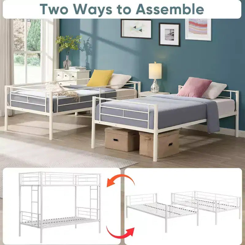 Lit superposé en métal avec barrière de sécurité et échelle, Lit robuste convertible pour enfants, adolescents et adultes, Blanc