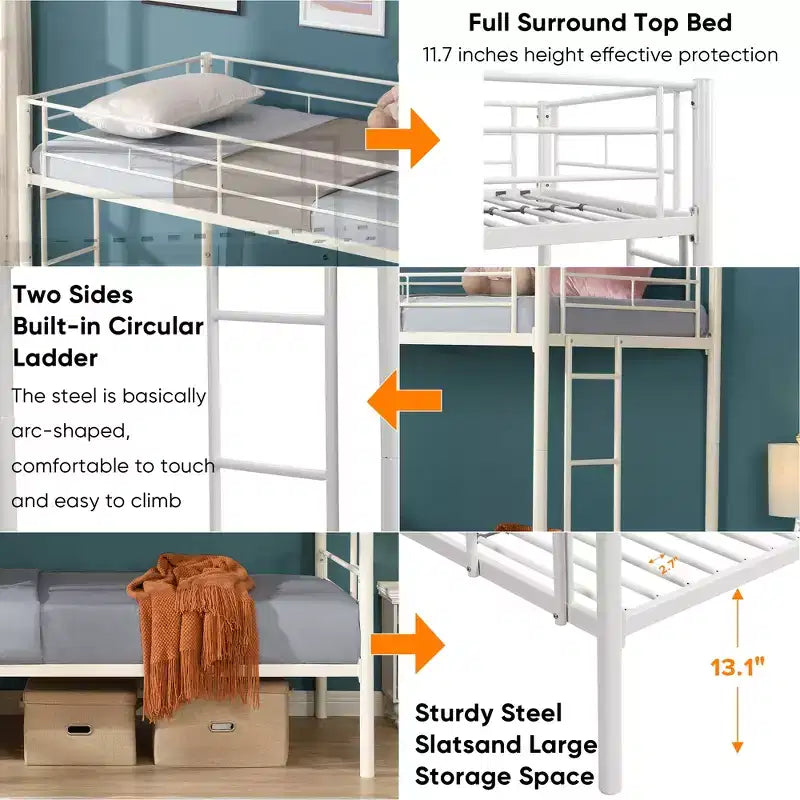 Lit superposé en métal avec barrière de sécurité et échelle, Lit robuste convertible pour enfants, adolescents et adultes, Blanc