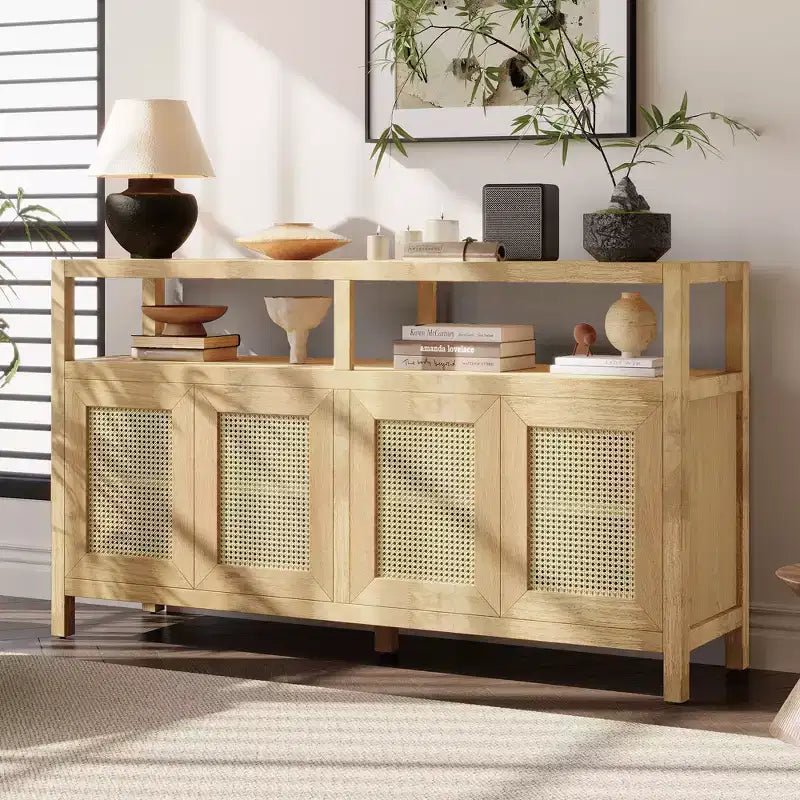 Buffet de style bohème, buffet avec 4 portes et 1 étagère ouverte, meuble de rangement pour salon, salle à manger, cuisine