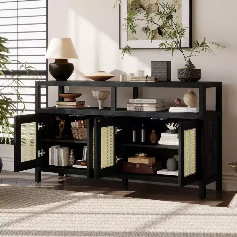Buffet de style bohème, buffet avec 4 portes et 1 étagère ouverte, meuble de rangement pour salon, salle à manger, cuisine