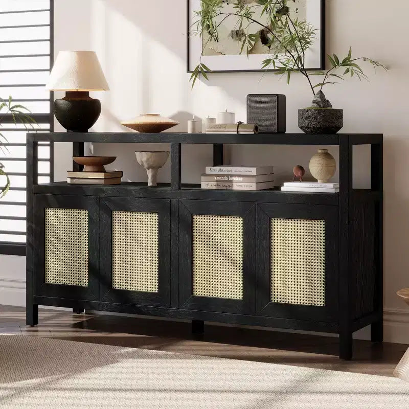 Buffet de style bohème, buffet avec 4 portes et 1 étagère ouverte, meuble de rangement pour salon, salle à manger, cuisine