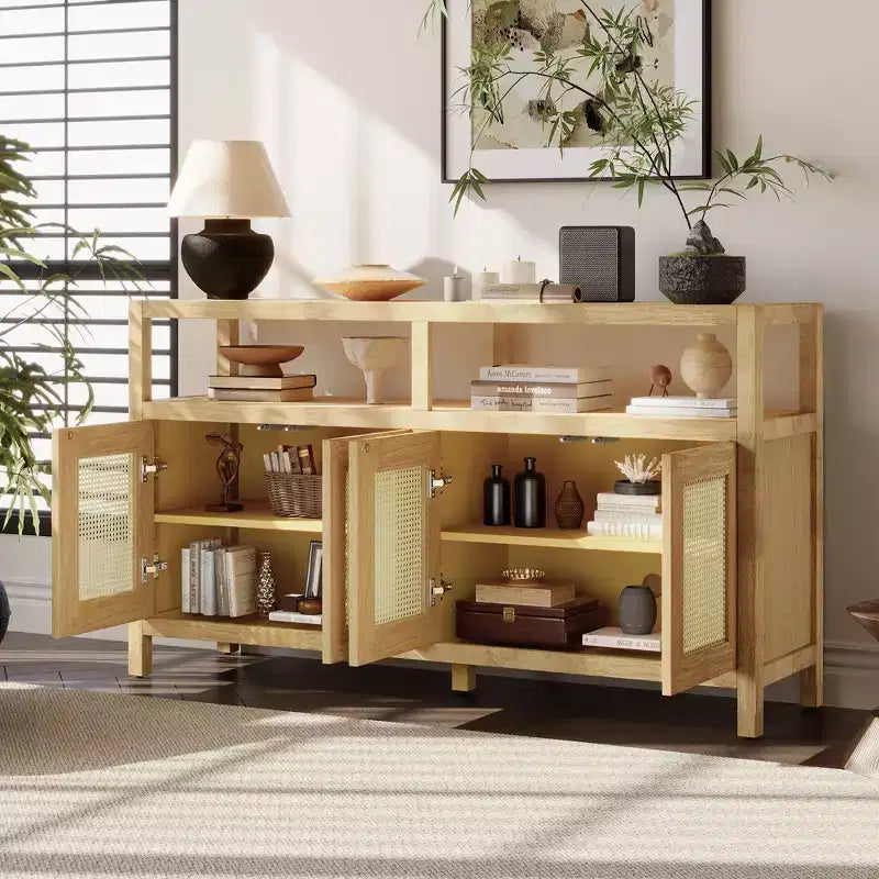 Buffet de style bohème, buffet avec 4 portes et 1 étagère ouverte, meuble de rangement pour salon, salle à manger, cuisine