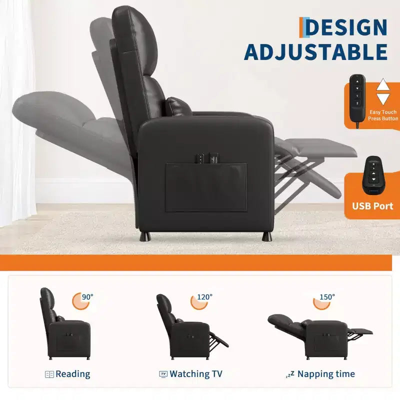 Fauteuil Inclinable Électrique - Chaleur et Massage, Fauteuil Relax Électrique Réglable Ergonomique en Cuir PU, Dossier Haut, Siège Rembourré, Sièges de Cinéma Maison