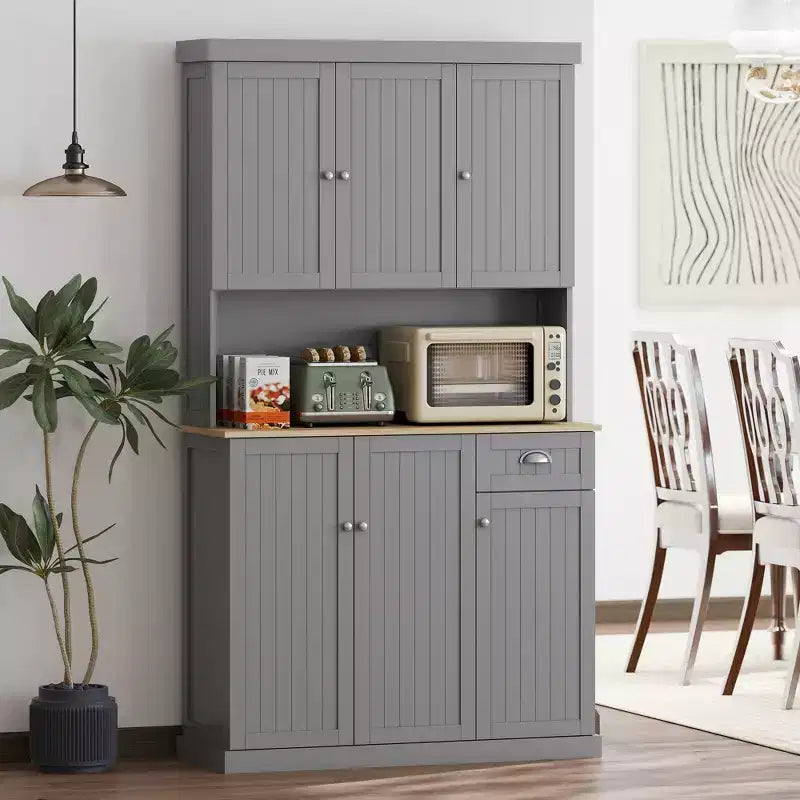 71" Buffet avec huche, Armoire de rangement de cuisine de style ferme moderne avec comptoir pour micro-ondes, tiroir et placard