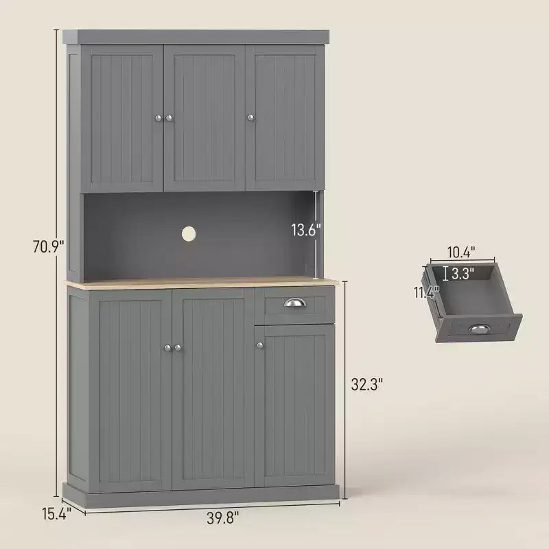 71" Buffet avec huche, Armoire de rangement de cuisine de style ferme moderne avec comptoir pour micro-ondes, tiroir et placard
