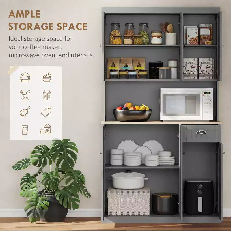 71" Buffet avec huche, Armoire de rangement de cuisine de style ferme moderne avec comptoir pour micro-ondes, tiroir et placard