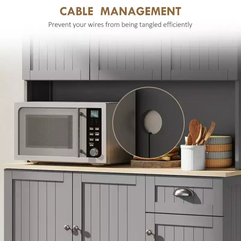 71" Buffet avec huche, Armoire de rangement de cuisine de style ferme moderne avec comptoir pour micro-ondes, tiroir et placard