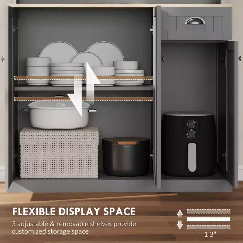 71" Buffet avec huche, Armoire de rangement de cuisine de style ferme moderne avec comptoir pour micro-ondes, tiroir et placard