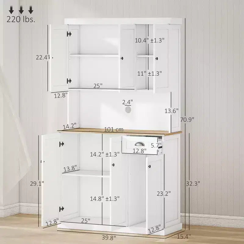 71" Buffet avec huche, Armoire de rangement de cuisine de style ferme moderne avec comptoir pour micro-ondes, tiroir et placard