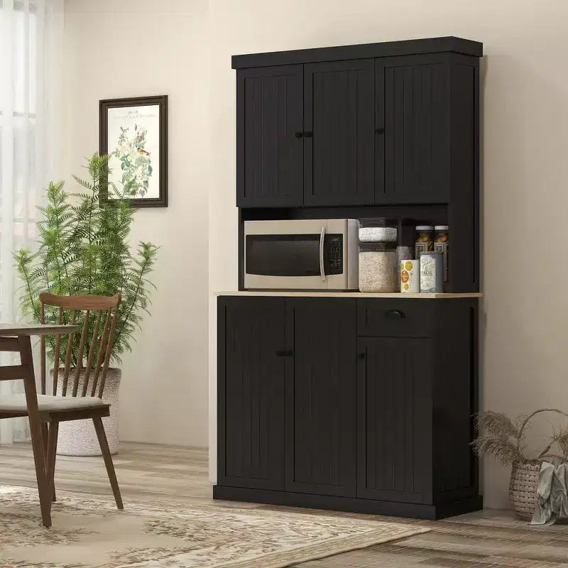 71" Buffet avec huche, Armoire de rangement de cuisine de style ferme moderne avec comptoir pour micro-ondes, tiroir et placard