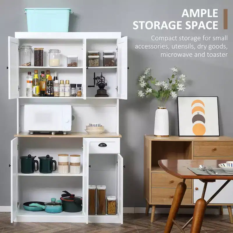 71" Buffet avec huche, Armoire de rangement de cuisine de style ferme moderne avec comptoir pour micro-ondes, tiroir et placard