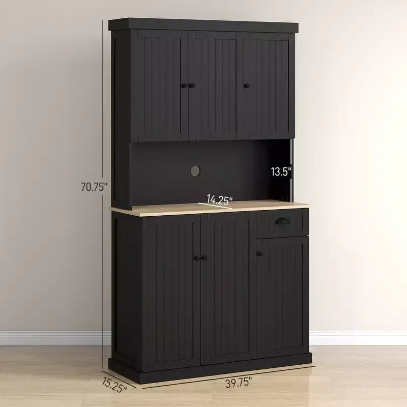 71" Buffet avec huche, Armoire de rangement de cuisine de style ferme moderne avec comptoir pour micro-ondes, tiroir et placard