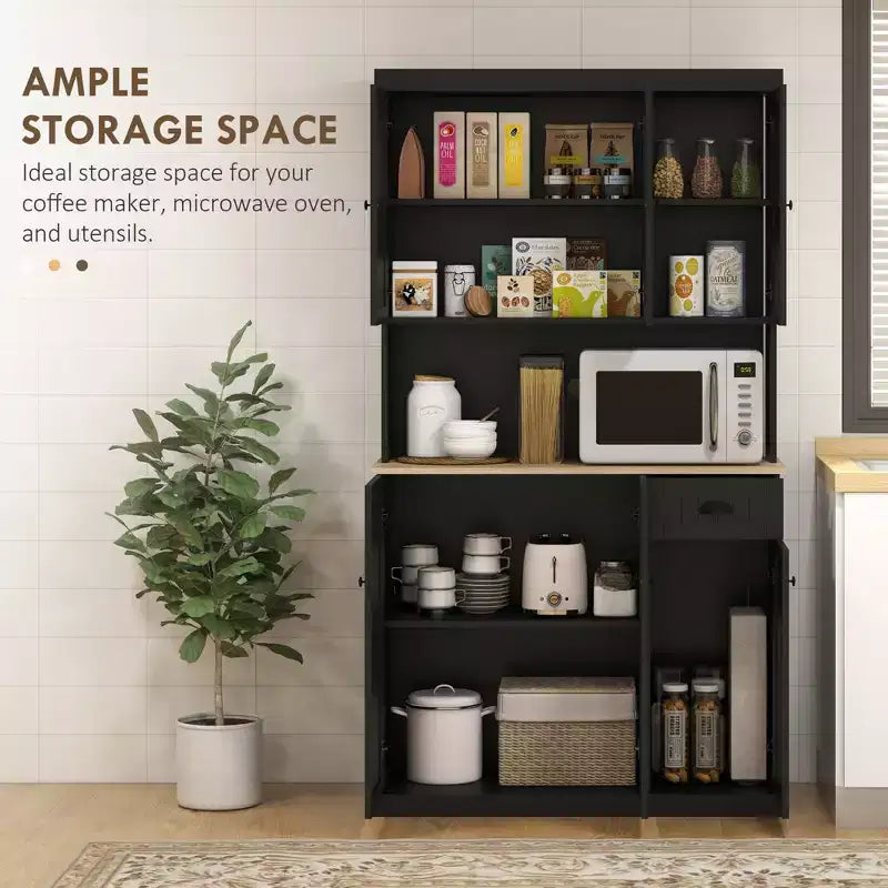 71" Buffet avec huche, Armoire de rangement de cuisine de style ferme moderne avec comptoir pour micro-ondes, tiroir et placard