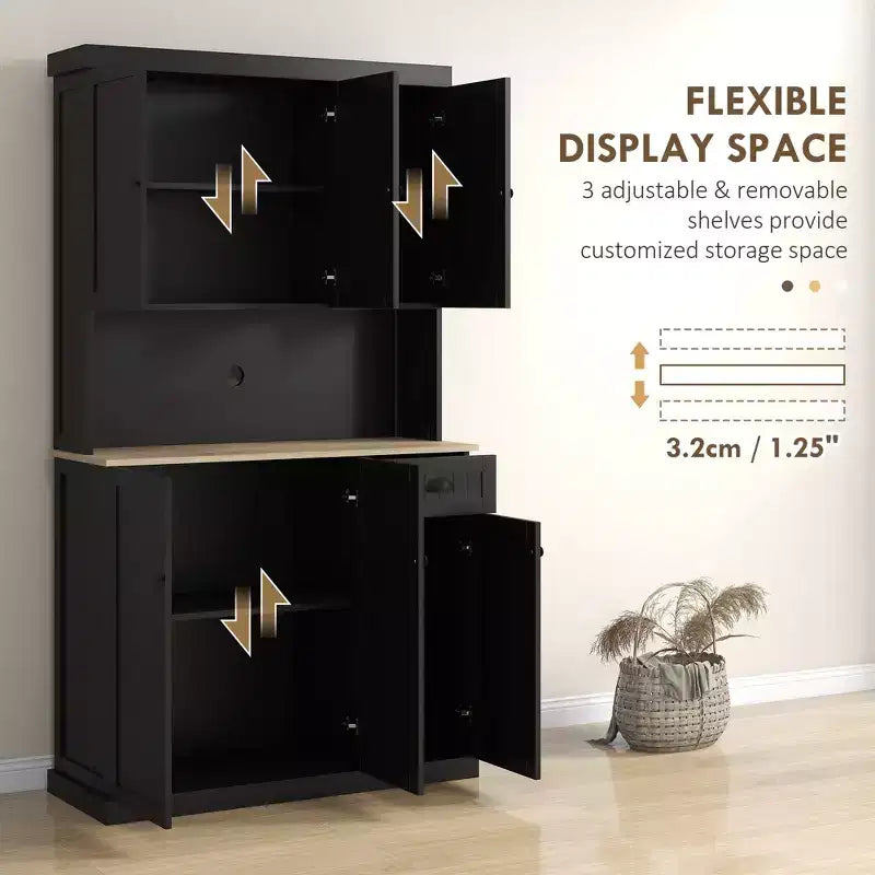 71" Buffet avec huche, Armoire de rangement de cuisine de style ferme moderne avec comptoir pour micro-ondes, tiroir et placard