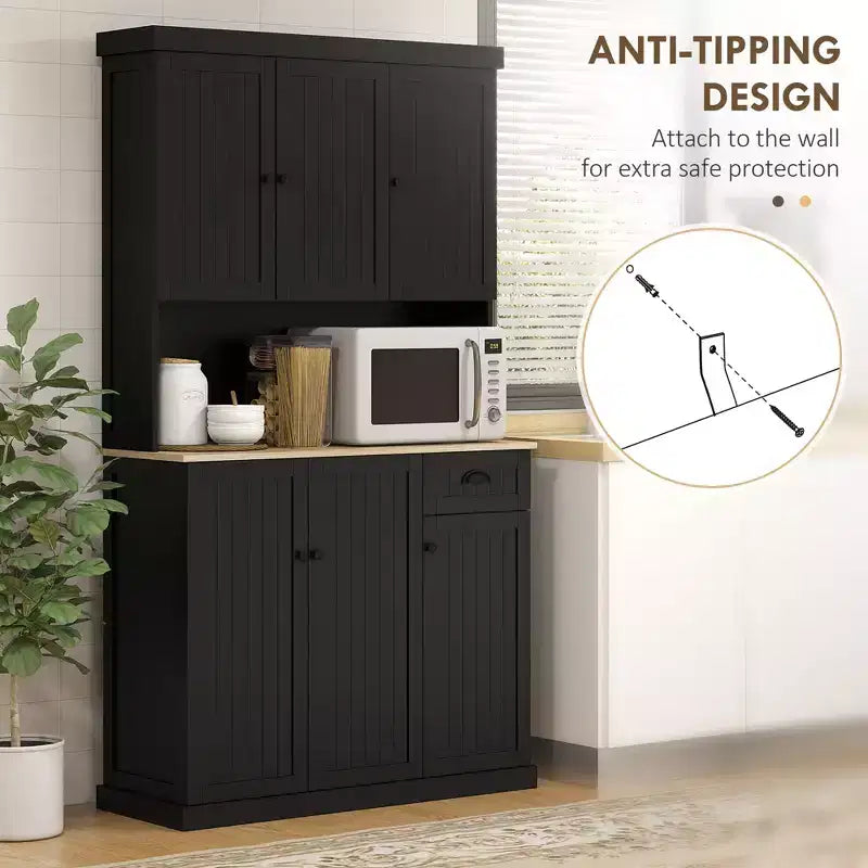 71" Buffet avec huche, Armoire de rangement de cuisine de style ferme moderne avec comptoir pour micro-ondes, tiroir et placard