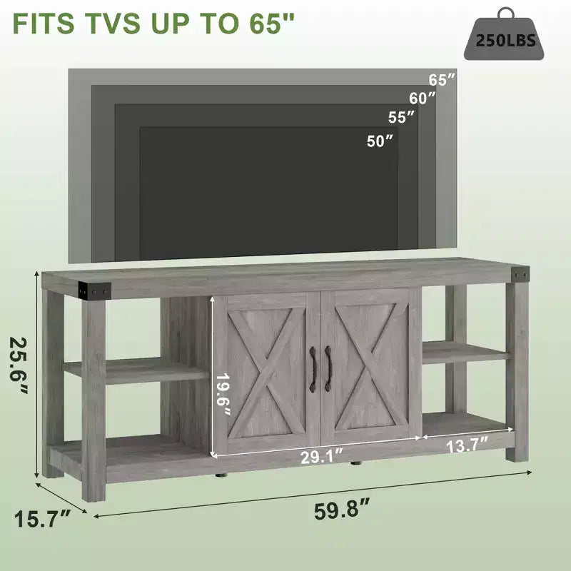 Meuble TV en bois de ferme pour téléviseurs jusqu'à 65'', console média TV avec étagères réglables et 2 placards, pour salon et chambre