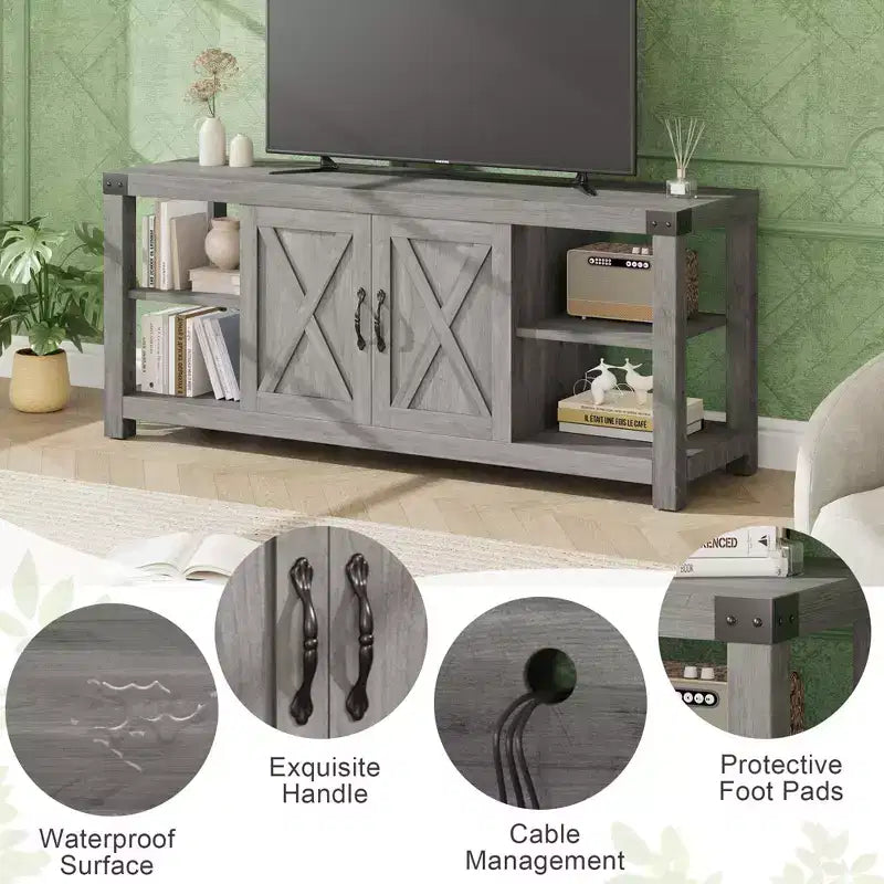 Meuble TV en bois de ferme pour téléviseurs jusqu'à 65'', console média TV avec étagères réglables et 2 placards, pour salon et chambre