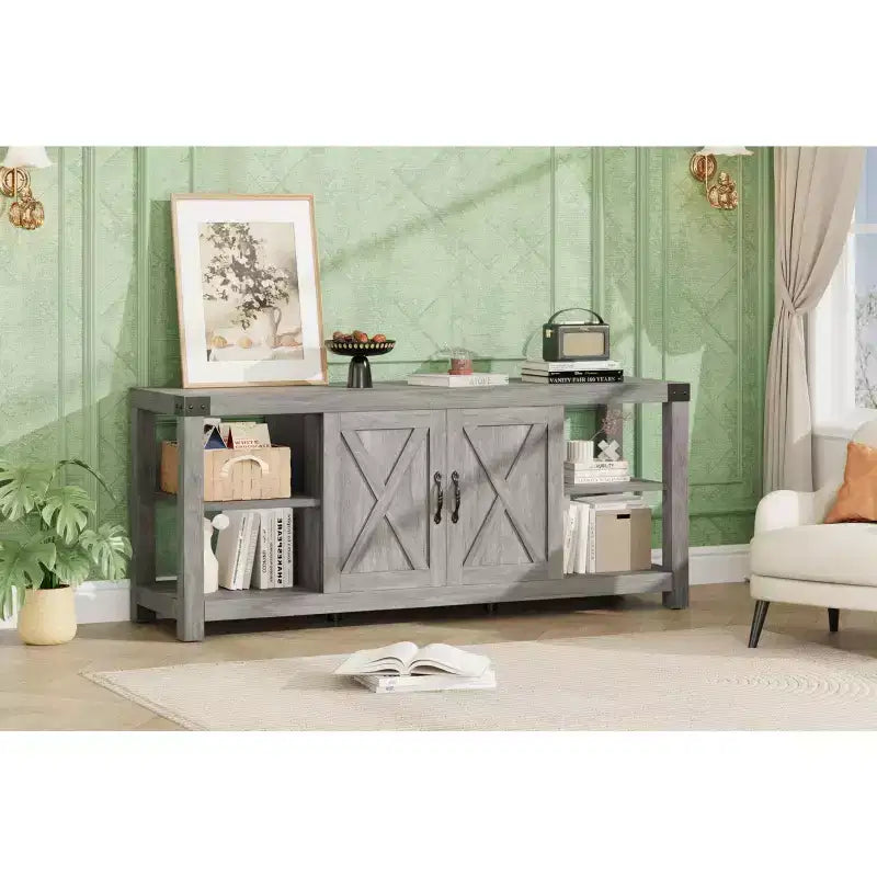 Meuble TV en bois de ferme pour téléviseurs jusqu'à 65'', console média TV avec étagères réglables et 2 placards, pour salon et chambre