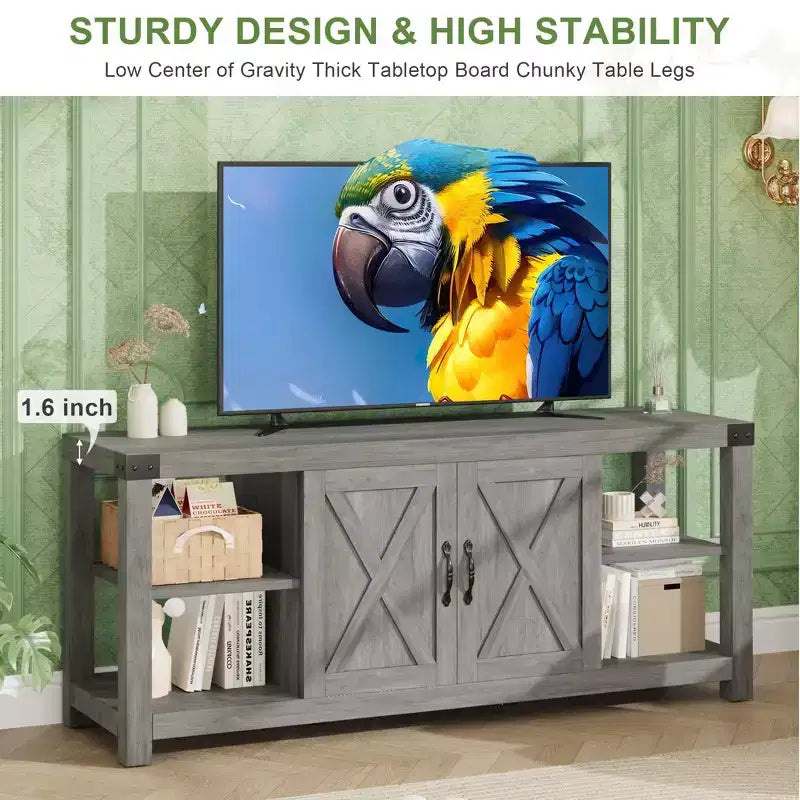 Meuble TV en bois de ferme pour téléviseurs jusqu'à 65'', console média TV avec étagères réglables et 2 placards, pour salon et chambre