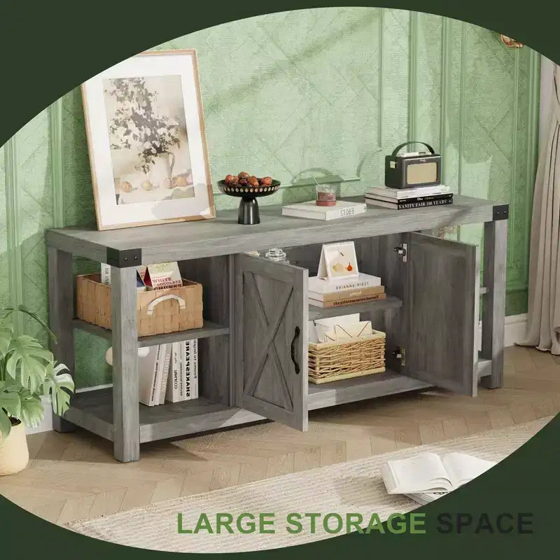 Meuble TV en bois de ferme pour téléviseurs jusqu'à 65'', console média TV avec étagères réglables et 2 placards, pour salon et chambre