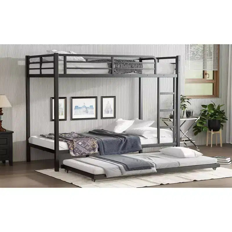 Lit superposé Twin XL sur Twin XL avec lit gigogne, cadre de lit triple en métal robuste, barrières de sécurité, silencieux, noir