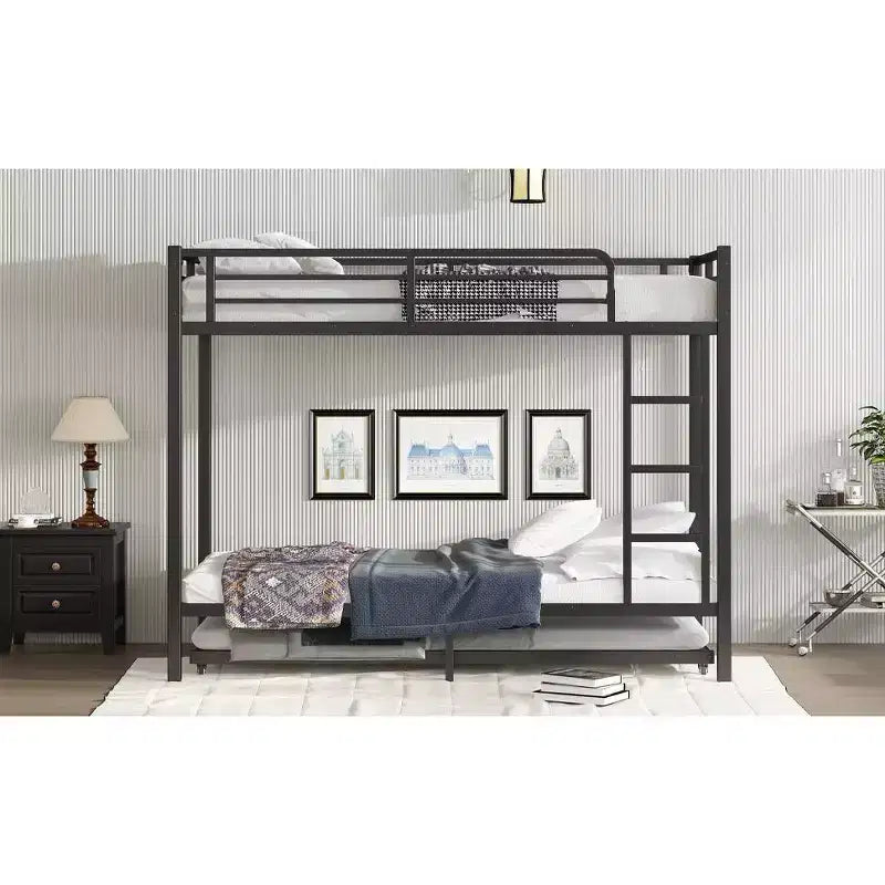 Lit superposé Twin XL sur Twin XL avec lit gigogne, cadre de lit triple en métal robuste, barrières de sécurité, silencieux, noir