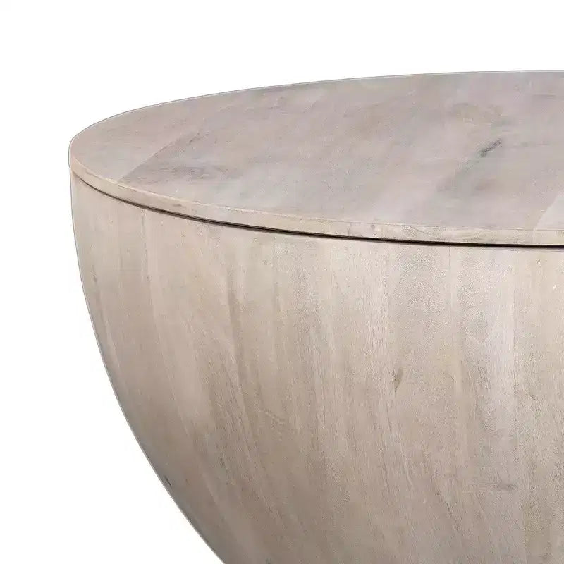 Table basse ronde de 37 pouces, de forme tambour fabriquée à la main avec rangement, en bois de manguier blanc délavé