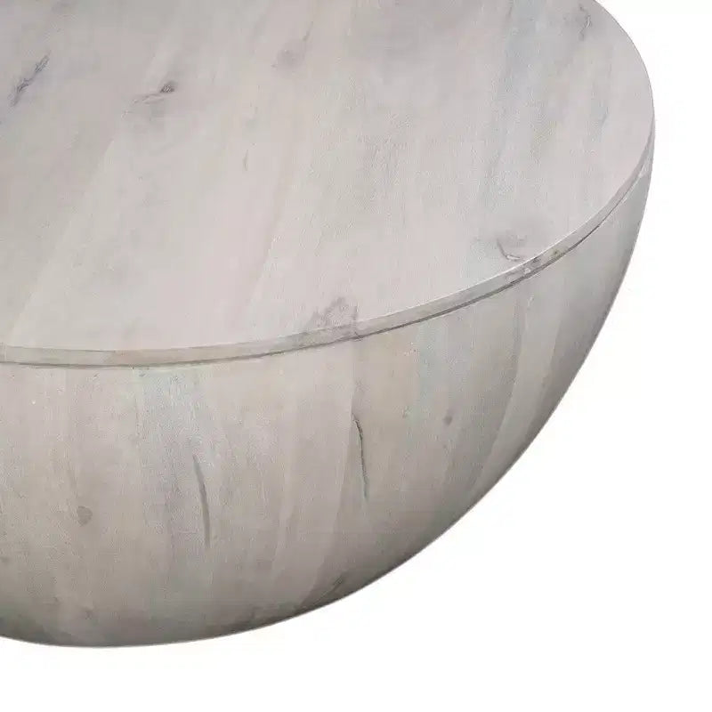 Table basse ronde de 37 pouces, de forme tambour fabriquée à la main avec rangement, en bois de manguier blanc délavé
