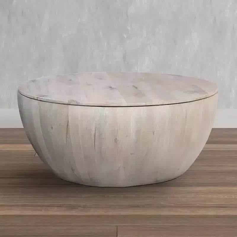 Table basse ronde de 37 pouces, de forme tambour fabriquée à la main avec rangement, en bois de manguier blanc délavé