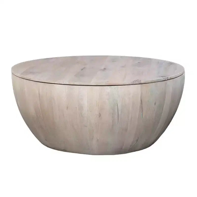 Table basse ronde de 37 pouces, de forme tambour fabriquée à la main avec rangement, en bois de manguier blanc délavé