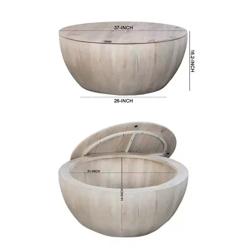 Table basse ronde de 37 pouces, de forme tambour fabriquée à la main avec rangement, en bois de manguier blanc délavé