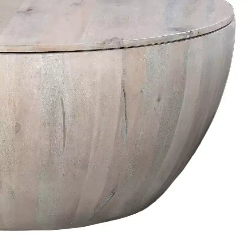 Table basse ronde de 37 pouces, de forme tambour fabriquée à la main avec rangement, en bois de manguier blanc délavé